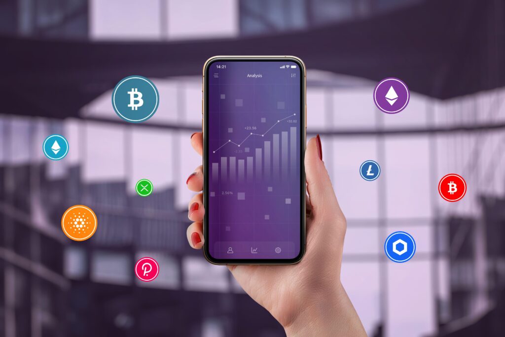 Concept of cryptocurrency market growth concept. Chart on smartphone in woman hand surrounded by cryptocurrencies