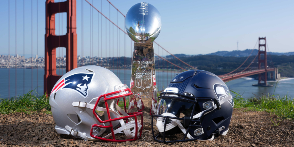 New England Patriots and Seattle Seahawks helmets, and an the Vince Lombardi trophy at the Golden Gate Bridge ahead of Super Bowl LX on Jan 29, 2026